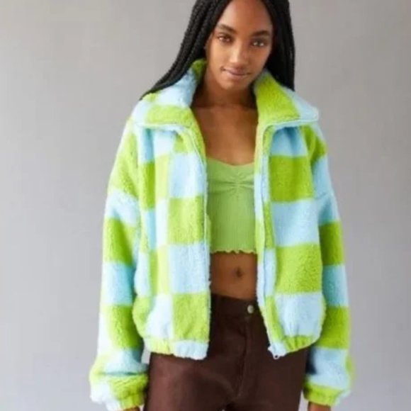 Urban Outfitters Olivia Blue Green Mod Checkered Sherpa Jacket. Unworn. Size XS - Picture 1 of 7